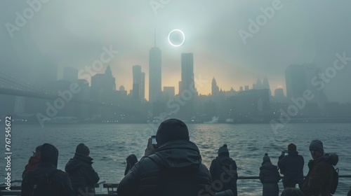 A group of people are standing on a pier watching the solar eclipse over the New York city. photo