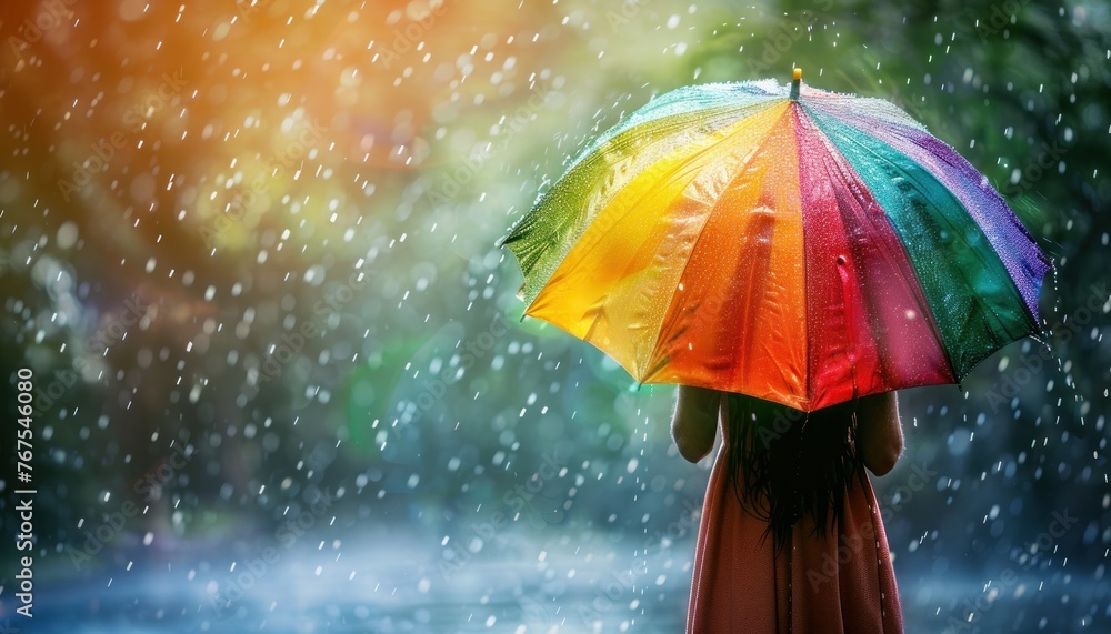 A woman is walking in the rain with a rainbow umbrella.