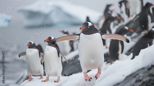 A flock of penguins stands on the rocky shore. One of them spread its wings. The scene was calm and peaceful.