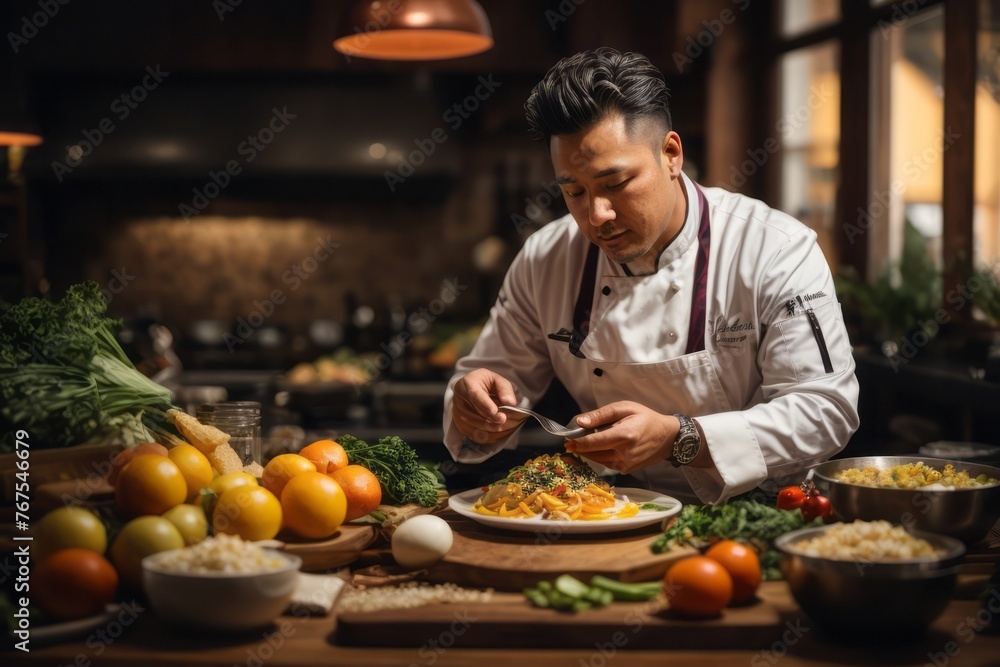 male chef preparing food dishes in the restaurant kitchen male chef preparing food dishes in the restaurant kitchen