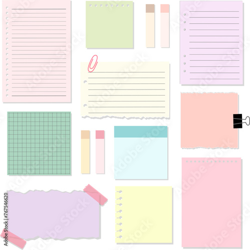 Set of Colorful Notebook Memo Paper with Masking and Paper Clip Vector Illustration