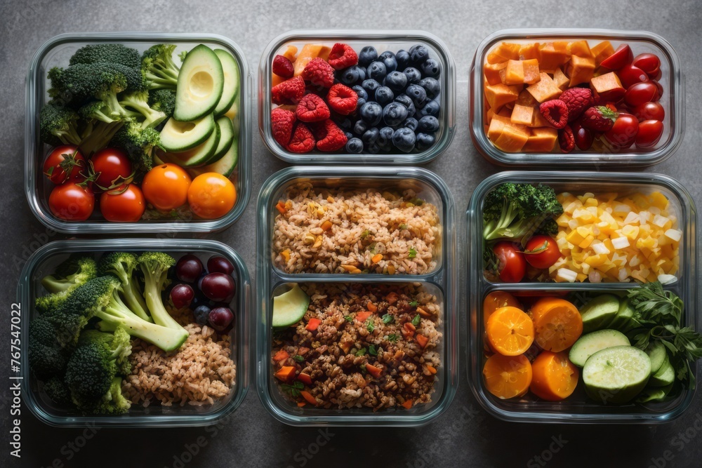 top view of various healthy foods in lunch containers for work or school top view of various healthy foods in lunch containers for work or school