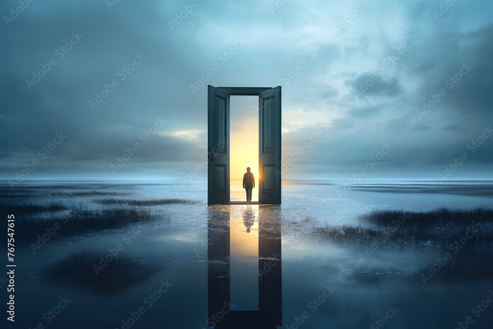silhouette of a man in a doorway in nature. the concept of going through a portal to another world. fantasy of transformation of another dimension of the universe - obrazy, fototapety, plakaty 