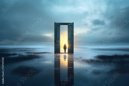silhouette of a man in a doorway in nature. the concept of going through a portal to another world. fantasy of transformation of another dimension of the universe photo
