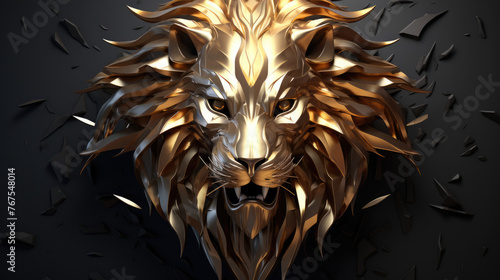 3d metallic golden lion king head face and shield  on black beautiful texture background. Beautiful 3D print design for interior  wall  wallpaper  canvas. Video game logo  