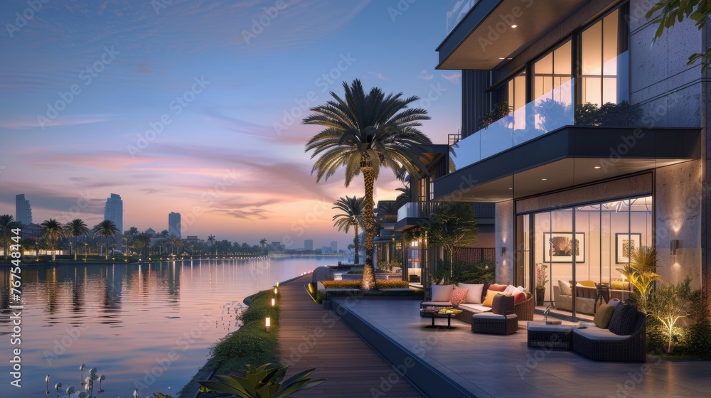 A harmonious blend of urban and coastal vibes with waterfront views and city lights creating a uniquely serene atmosphere. - obrazy, fototapety, plakaty 
