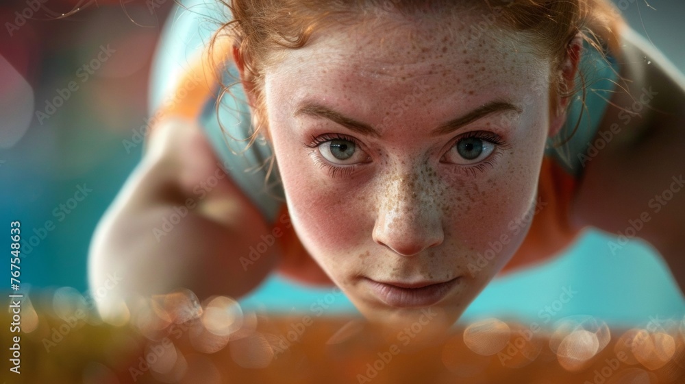The determination on a gymnasts face as they push through a challenging balance pose. The determination on a gymnasts face as they push through a challenging balance pose.