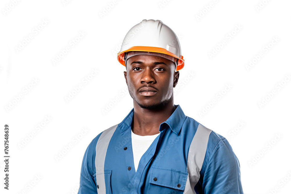 Portrait of a smiling African male construction worker wearing helmet, isolated cutout people on transparent background Portrait of a smiling African male construction worker wearing helmet, isolated cutout people on transparent background