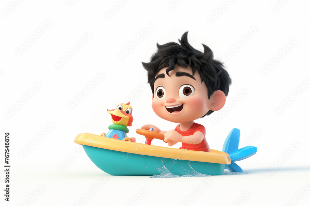 Little boy in a boat on a white background.