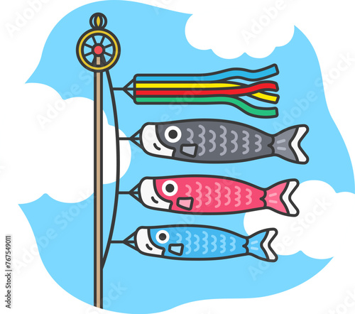 空を泳ぐ、鯉のぼり（線画カラー）のイラスト