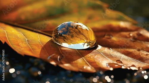 Autumn a close up of a dewdrop on the tip of a leaf the surrounding foliage distorted in its reflection