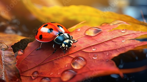 Autumn a close up of a ladybug crawling on a brightly colored leaf