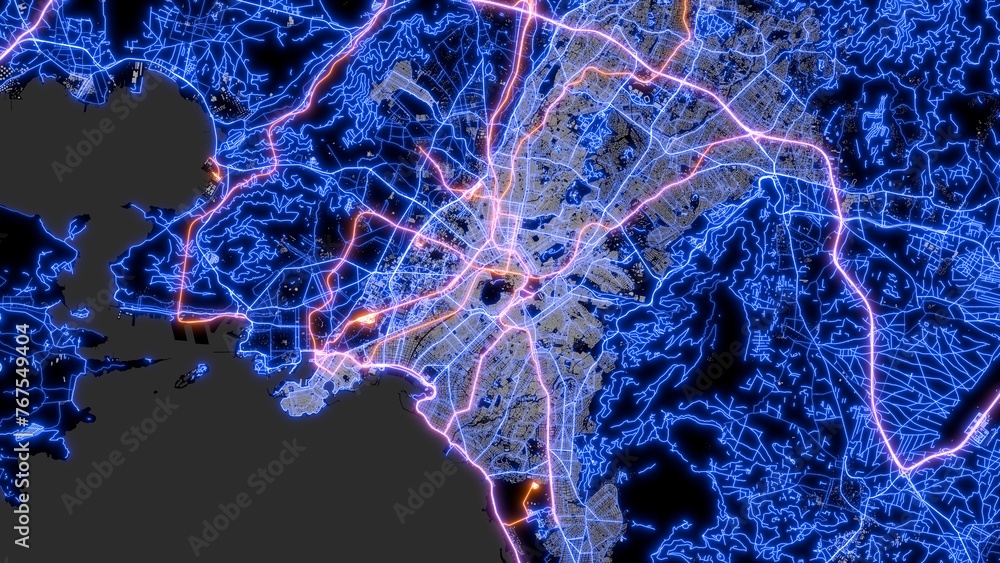 The street map of Athens (Greece) consists of blue glowing neon lines on a black background. Top view of the city center with the road network. The border of water and land. - obrazy, fototapety, plakaty 