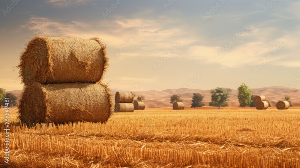 Fototapeta premium Autumn a stack of hay bales in a field with trees in the background exhibiting their fall colors