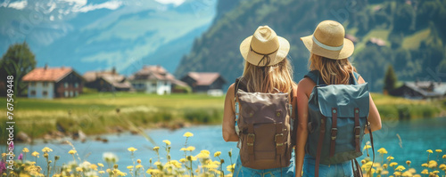 Two young women are enjoying a trip to a European village