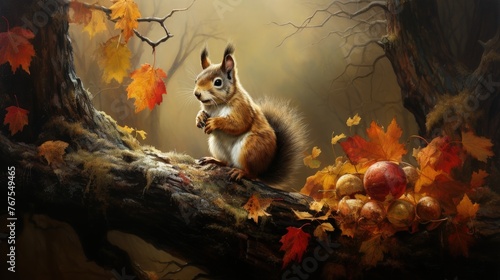 Autumn a squirrel perched on a branch nibbling on an acorn with a backdrop of fall colors