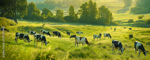 Cows eating lush grass on the green field © FATHOM