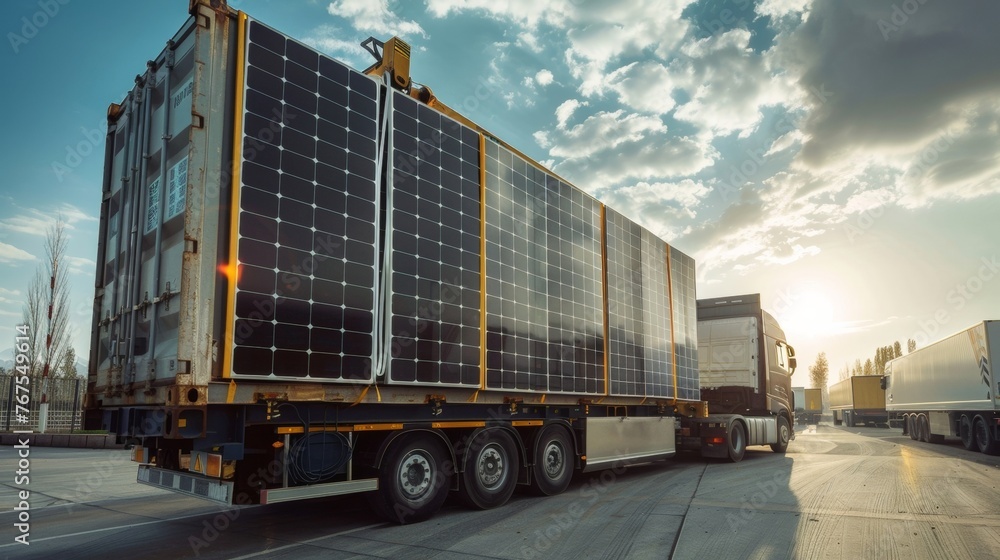 A large shipping container being loaded onto a truck with the words Fragile Solar Panels written on the side. . AI generation. - obrazy, fototapety, plakaty 