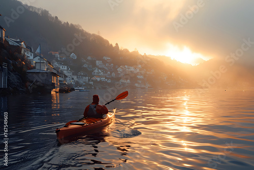 tourist floats on a yellow kayak along a river in the fjords of Norway. water sports and boat travel