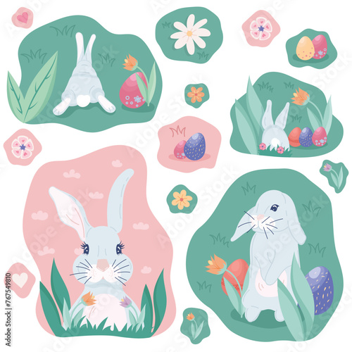Spring Easter collection sticker  Easter animals characters set   Easter rabbit set