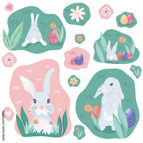 Spring Easter collection sticker, Easter animals characters set,  Easter rabbit set