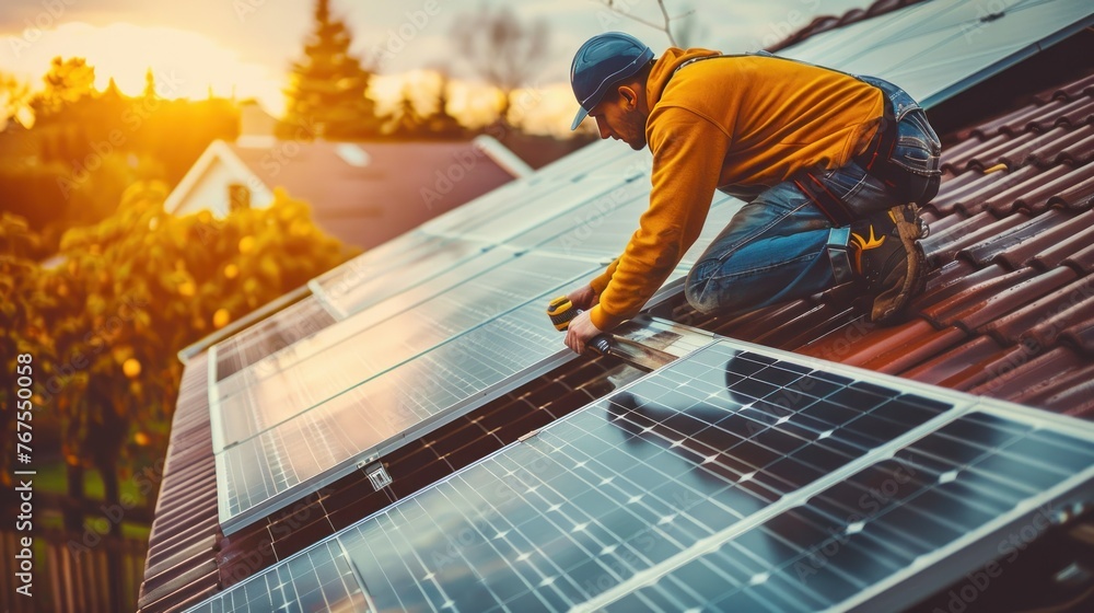 An engineer is installing solar panels on the roof of a house. An engineer is installing solar panels on the roof of a house.
