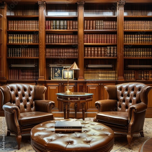  Law office with prestigious bookcases leather chairs