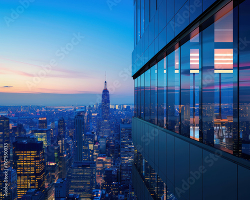 High-rise corporate office overlooking the city skyline at dusk