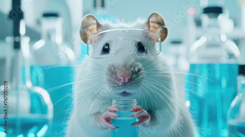 White lab rat holding a chemical test vial. Standing in a laboratory that tests chemicals