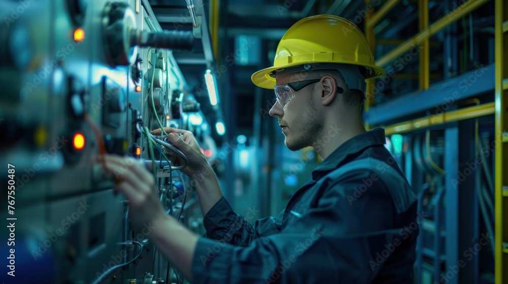 Electrical engineer is maintaining the electrical system. Inside the electrical control room Electrical engineer is maintaining the electrical system. Inside the electrical control room