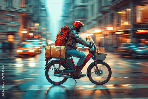 A man in a red helmet on a moped delivers food to customers.