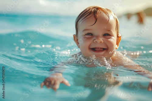 A smiling kid learns to swim in the sea.