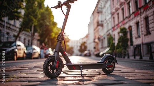 A grey electric scooter stands on the running board.