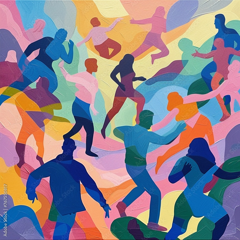 A colorful and lively piece depicting people joyfully and carelessly frolicking around , soft shadowns A colorful and lively piece depicting people joyfully and carelessly frolicking around , soft shadowns