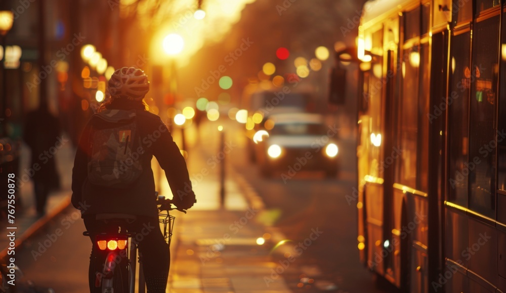 A cyclist riding next to the bus on city streets, captured from behind with soft lighting and warm tones Generative AI