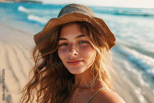 Portrait of happy smiling young woman wear summer hat on the beach