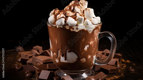 A cup of hot cocoa with whipped cream and marshmallows