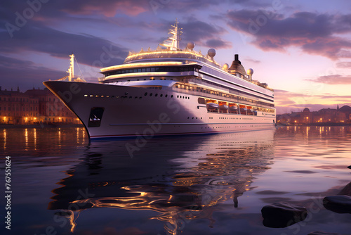 large luxury cruise ship sails along the night ocean along its route. sea ​​recreation and tourism.