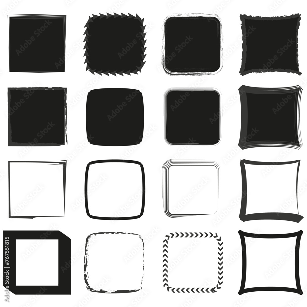 Set of square frames collection. Various border styles. Black and white decorative edges. Vector illustration. EPS 10.