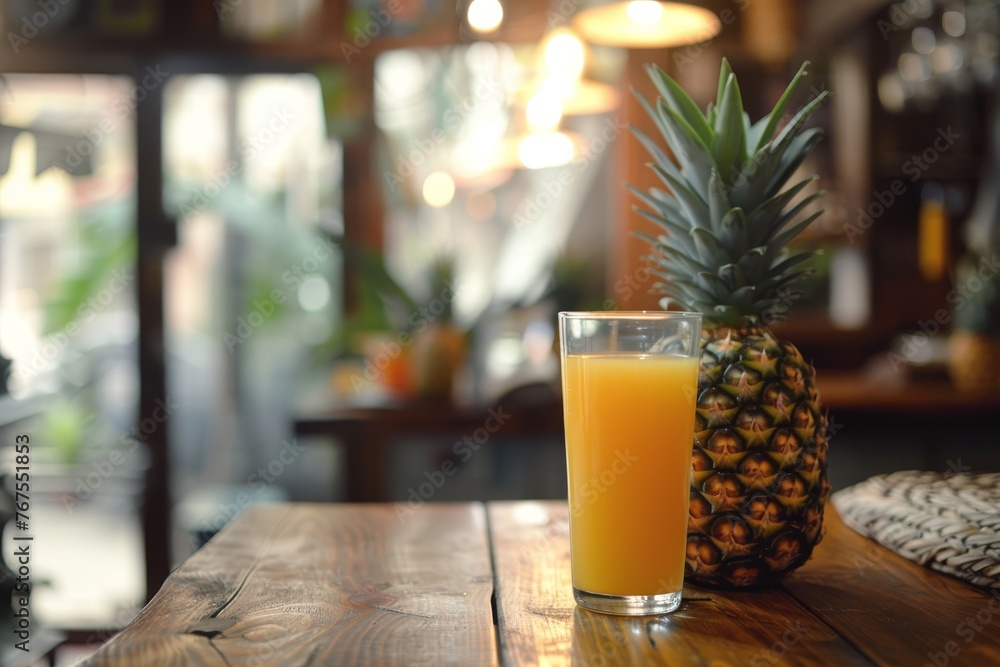 Fresh pineapple juice in a glass with a slice on the rim, against a blurred bar background Fresh pineapple juice in a glass with a slice on the rim, against a blurred bar background