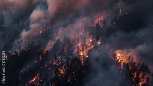 A fire is burning in a forest, with smoke and flames visible in the air. The scene is dark and ominous, with the fire spreading rapidly and threatening the surrounding trees. Scene is one of danger photo