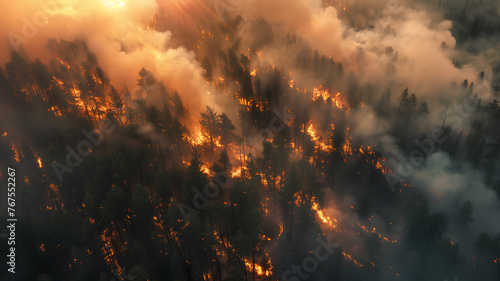 A fire is burning in a forest, with smoke and flames visible in the air. The scene is dark and ominous, with the fire spreading rapidly and threatening the surrounding trees. Scene is one of danger photo