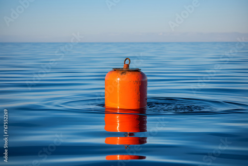 Photograph Depicting a Colorful, Weathered Buoy Adrift amid a Tranquil Body of Water