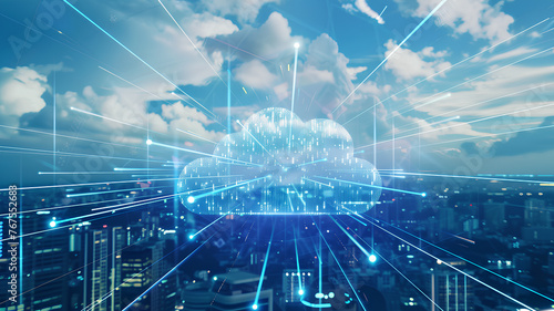 A cloud of data is projected onto a cityscape, with the city lights shining through the cloud. Concept of a vast amount of information being stored and processed in the digital world. big data