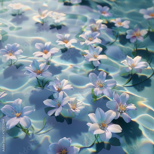 Delicate flowers floating in a pool of water, radiating a sense of euphoria and bliss , Watercolor tone, pastel, 3d animator