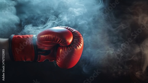 close up of a man arm wearing red boxing glove preparing for battle competition on dark background with copy space. © BackgroundHolic