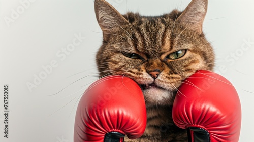 Funny tabby cat with angry face wearing big red boxing gloves isolated on white background, adorable funny kitten battle, with copy space.