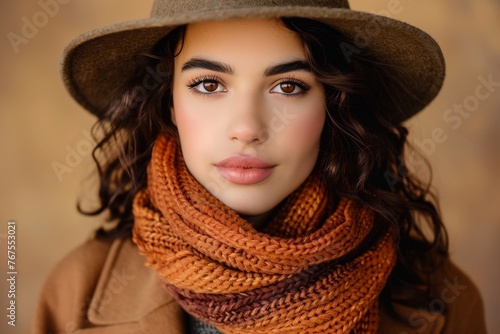 Attractive Elegant Woman in Stylish Autumn Attire, wearing Hat and Scarf in Earth Tones. Set against Neutral Background.