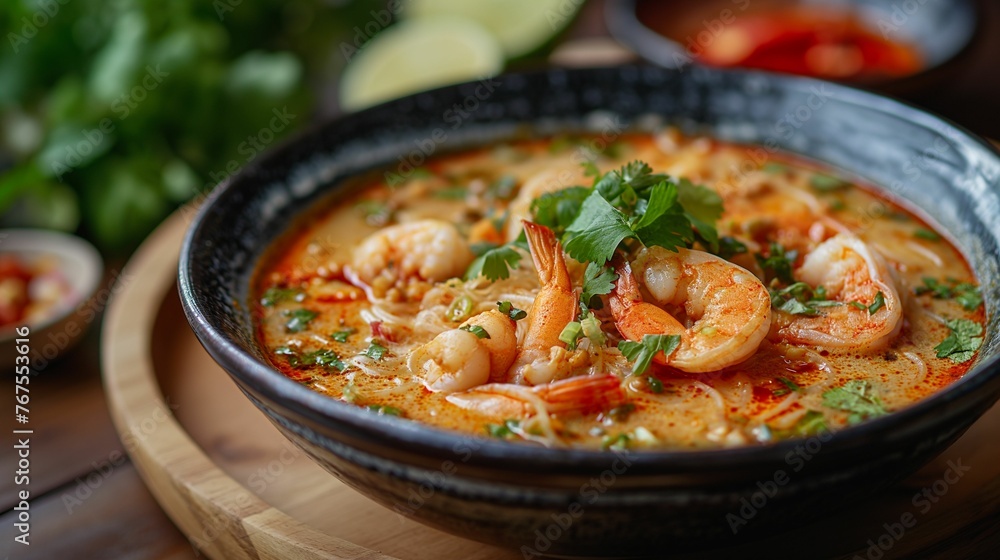 Bowl of Soup With Shrimp and Garnishes Bowl of Soup With Shrimp and Garnishes