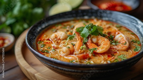 Bowl of Soup With Shrimp and Garnishes